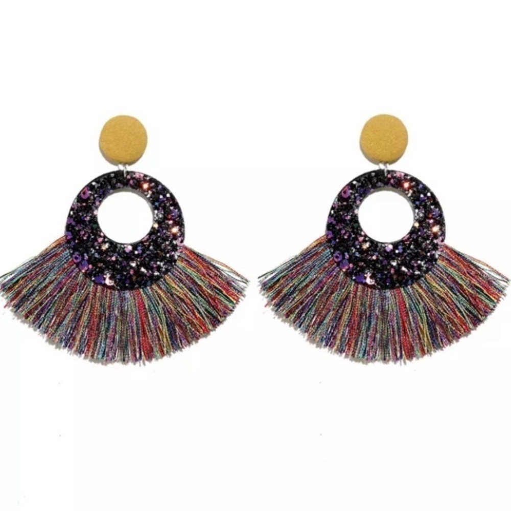 Multicolored Rainbow Boho Glitter Tassel Statement Earrings - Picture 2 of 7